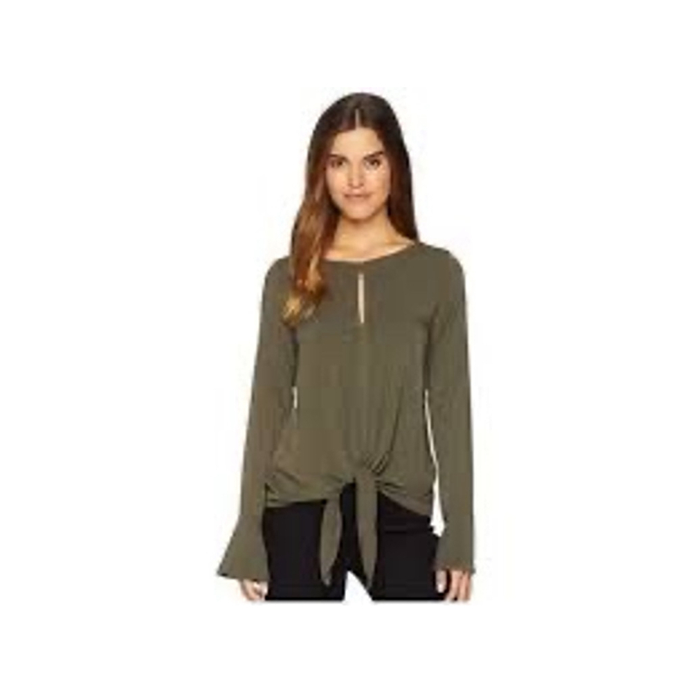 Women's Michael Stars Top Size S army Green Long Sleeve Tie Front